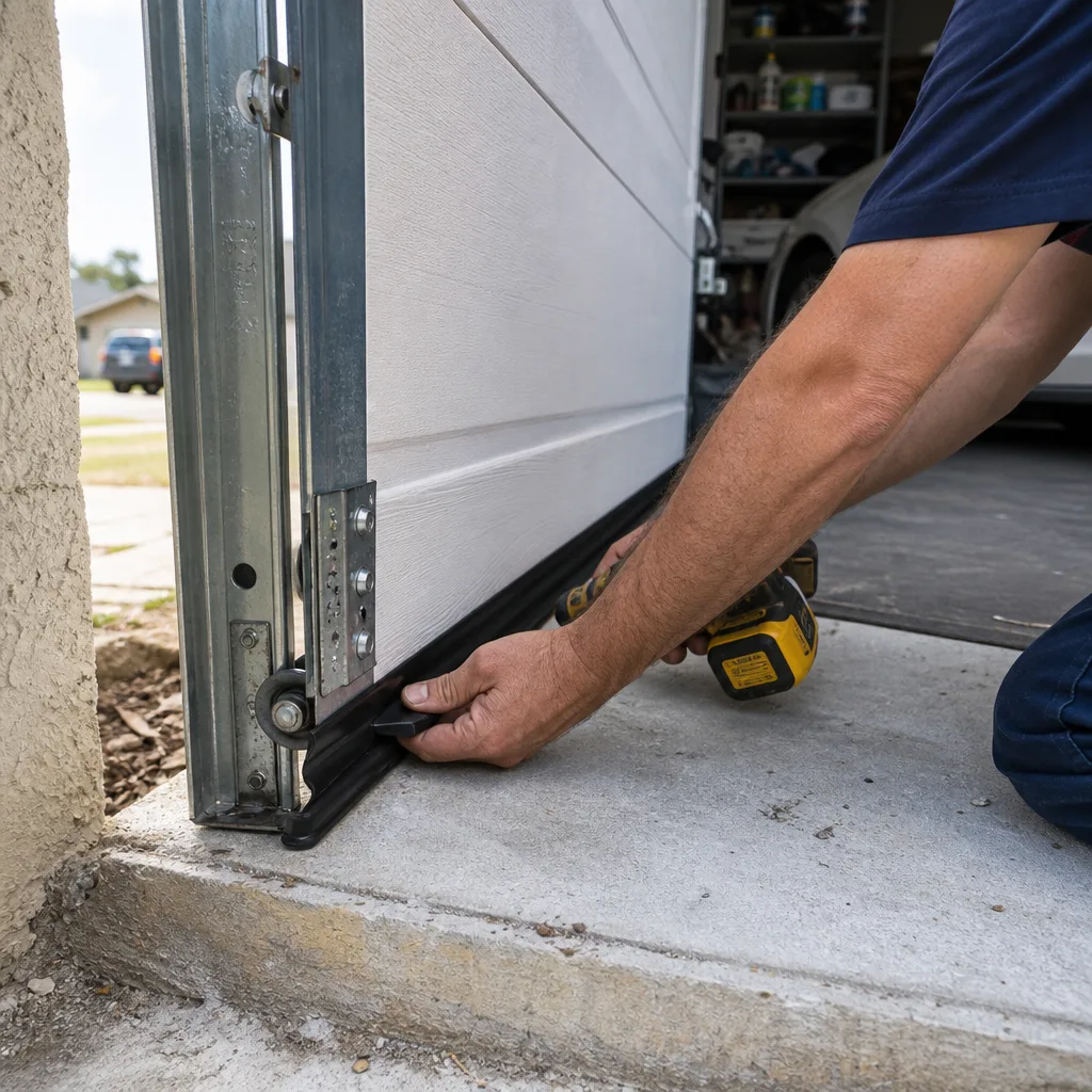 Technician installing weather stripping on a garage door