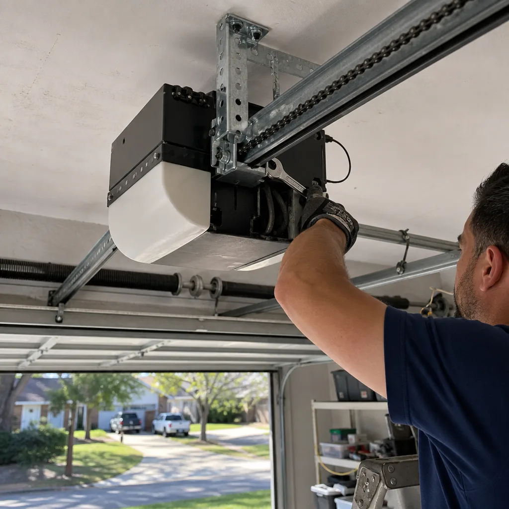 Technician performing garage door opener repair and maintenance