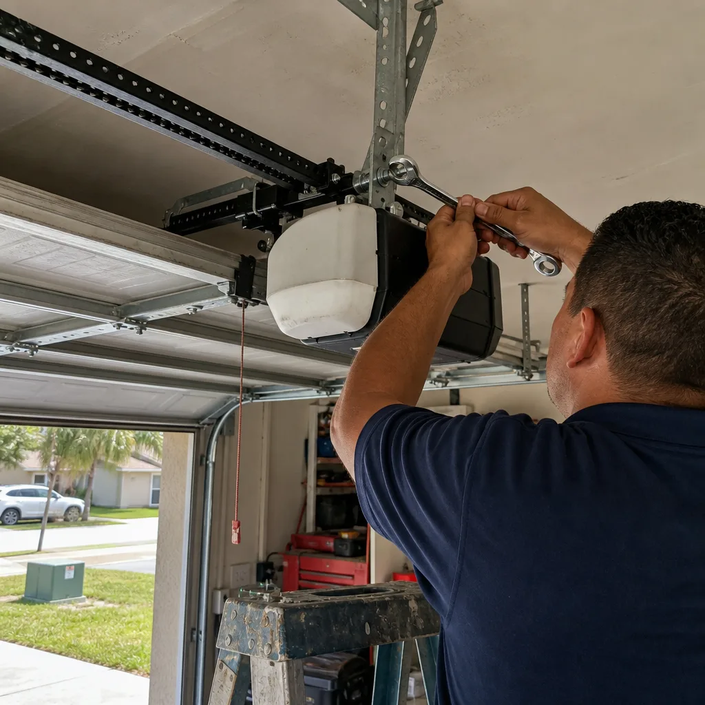 Technician performing garage door opener repair and installation with a wrench.