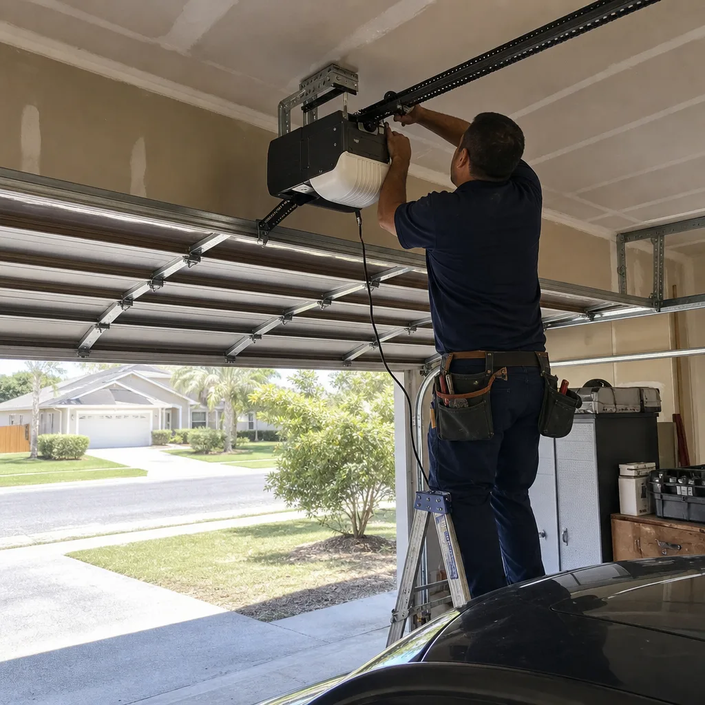 Technician performing professional garage door opener repair and installation.