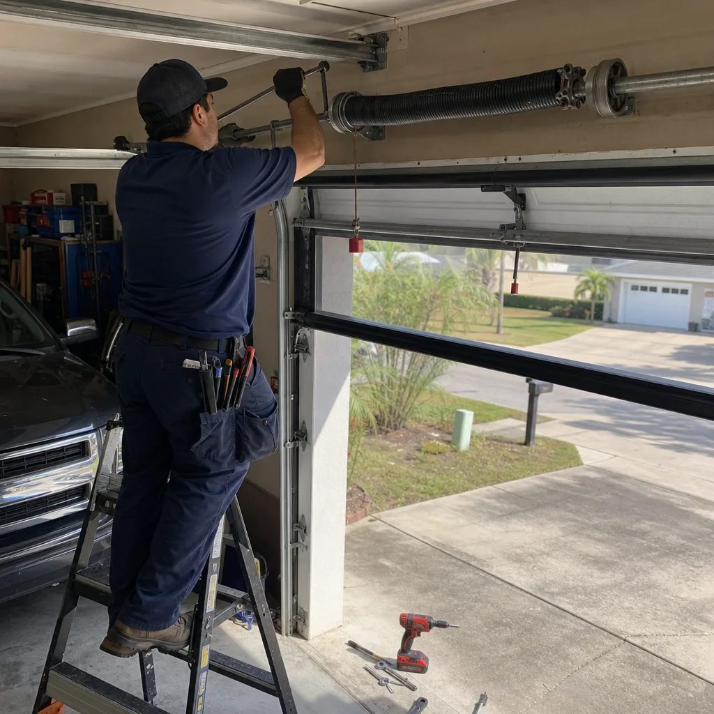 Technician performing professional garage door torsion spring repair on a ladder