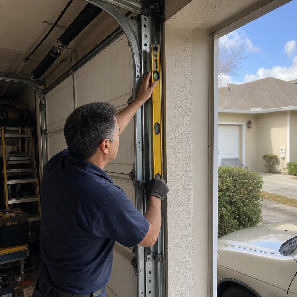 Technician using a level tool for professional garage door track repair